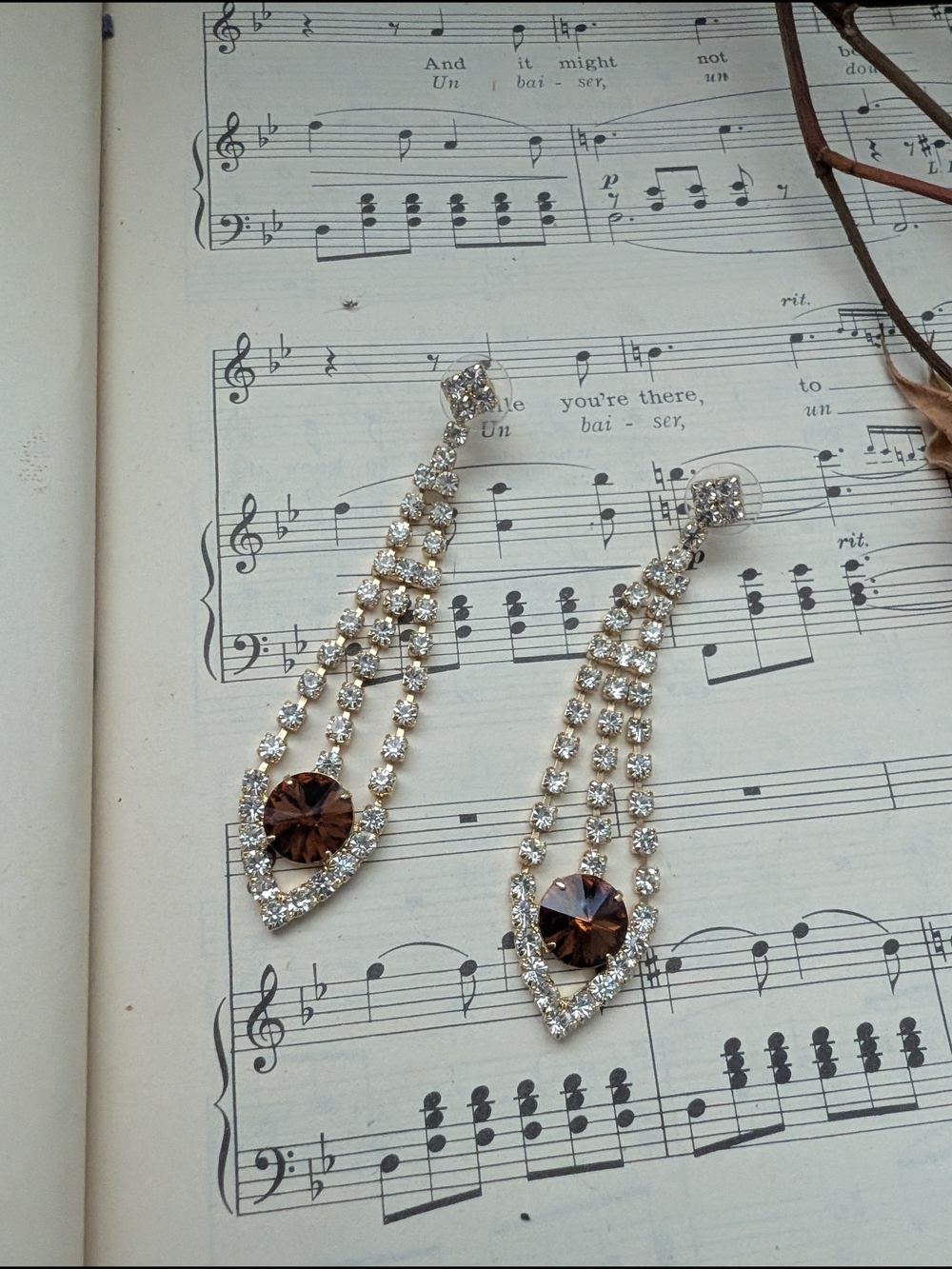 Elegant Gold-Tone Crystal Drop Earrings with Smoky Brown Accent